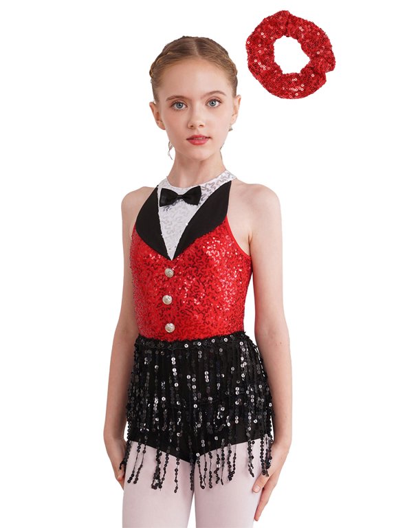 Girls Sequins Tassel Ballet Jazz Latin Dance Dress for Teens Chacha Tap Rumba Disco Dancewear Red 14