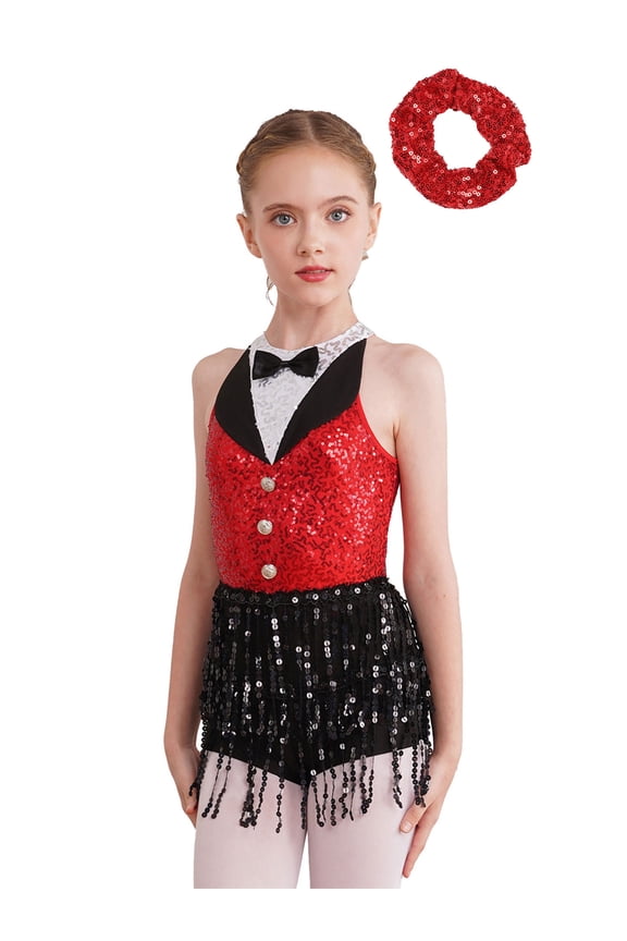 Girls Sequins Tassel Ballet Jazz Latin Dance Dress for Teens Chacha Tap Rumba Disco Dancewear Red 16