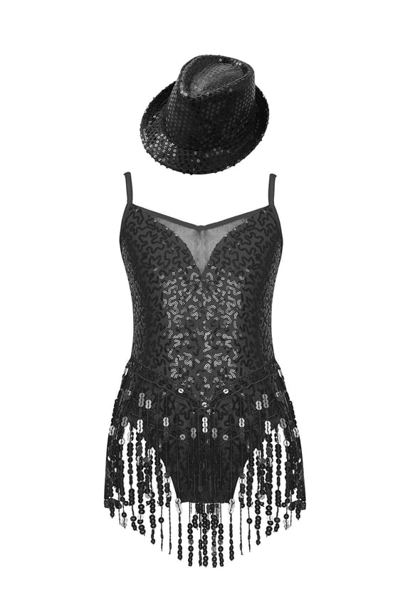 Girls Sequins Tassel Latin Jazz Tango Chacha Dance Costume with Hat Cami Fringe Leotard Dress Black 14