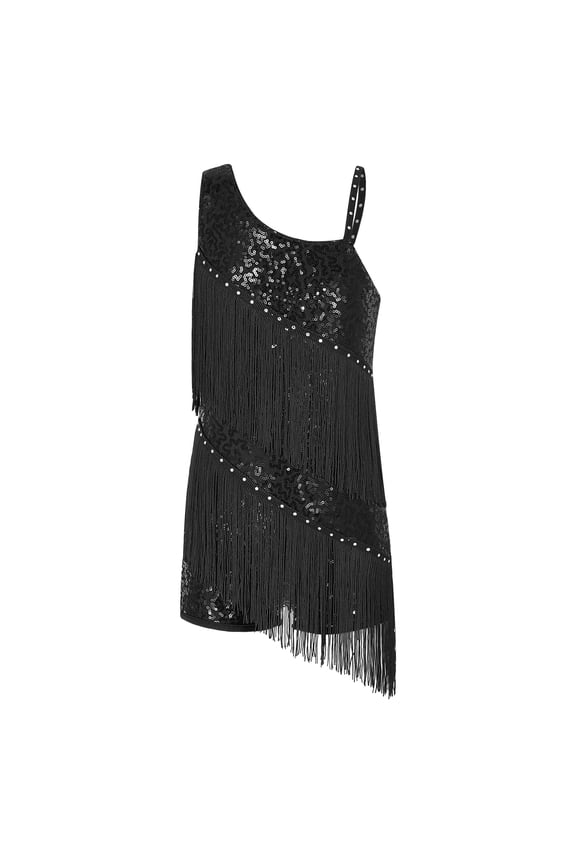 Girls Sequins Tassel Leotard Dress for Jazz Latin Dance Costume Ballroom Dancewear Black 12