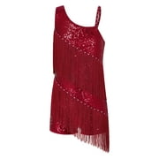 inlzdz Girls Sequins Tassel Leotard Dress for Jazz Latin Dance Costume Ballroom Dancewear Burgundy 16