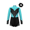 thumbnail image 1 of inlzdz Girls Shiny Long Sleeve Shorty Jumpsuit Gymnastics Ballet Dance Leotard Athletic Bodysuit Blue Green&Black 14, 1 of 5