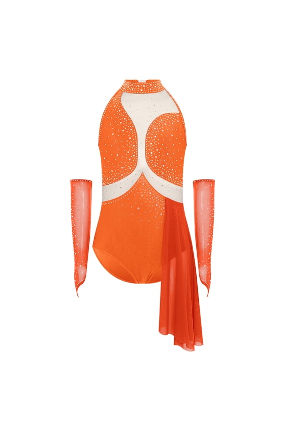 Girls Shiny Rhinestone Mesh Jazz Latin Dance Leotard Asymmetric Gymnastics Bodysuit with Gloves Orange 6