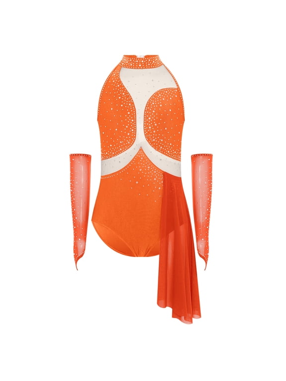 Girls Shiny Rhinestone Mesh Jazz Latin Dance Leotard Asymmetric Gymnastics Bodysuit with Gloves Orange 8