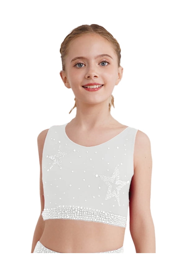Girls Shiny Rhinestones Crop Tops Gymnastics Dance Tank Tops Crisscross Back Cropped Shirts White 12