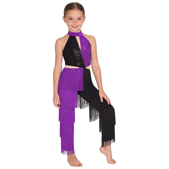 inlzdz Girls Shiny Sequins Fringe Latin Dance Jumpsuit Jazz Dance Leotard Disco Outfits Halter Sleeveless Dancewear Purple 6