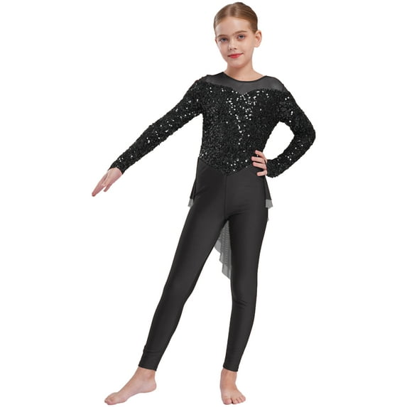 inlzdz Girls Shiny Sequins Jumpsuit Full Body Unitard with Flowy Skirt Mesh Splice Ballet Dance Bodysuit Black 16