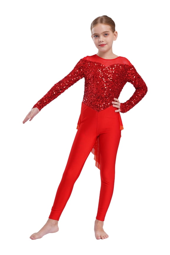 Girls Shiny Sequins Jumpsuit Full Body Unitard with Flowy Skirt Mesh Splice Ballet Dance Bodysuit Red 6