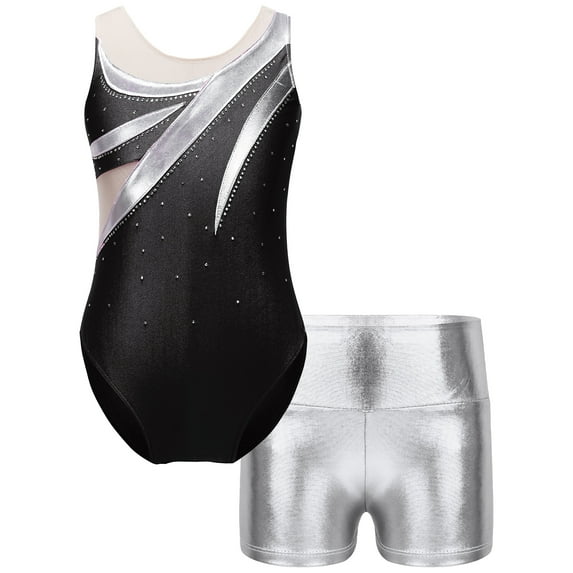 inlzdz Girls Sleeveless Gymnastics Leotard with Tumbling Shorts Shiny Ballet Leotards Kids Dancewear Black-C 8
