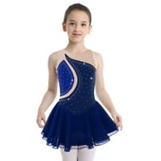 inlzdz Girls Sleeveless Rhinestone Dance Leotard Dress for Ballet Lyrical Dance Gymnastics Dancewear Dark Blue 12