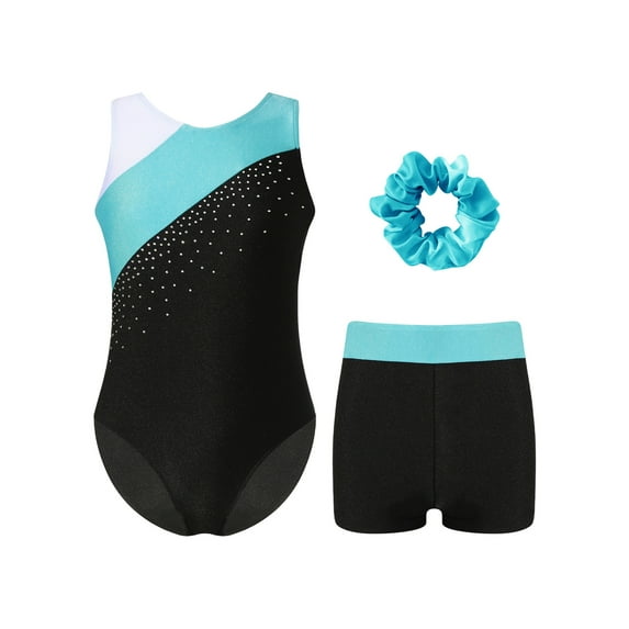 inlzdz Girls Sleeveless Rhinestone Gymnastics Leotard with Athletic Shorts Swimwear Dancewear Sets Blue Green 10