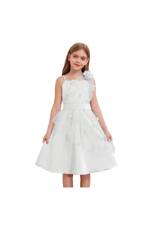 Girls Spaghetti Strap Dress Kids Floral Embroidery Mesh Tulle Wedding Pageant Knee Length Ivory 6