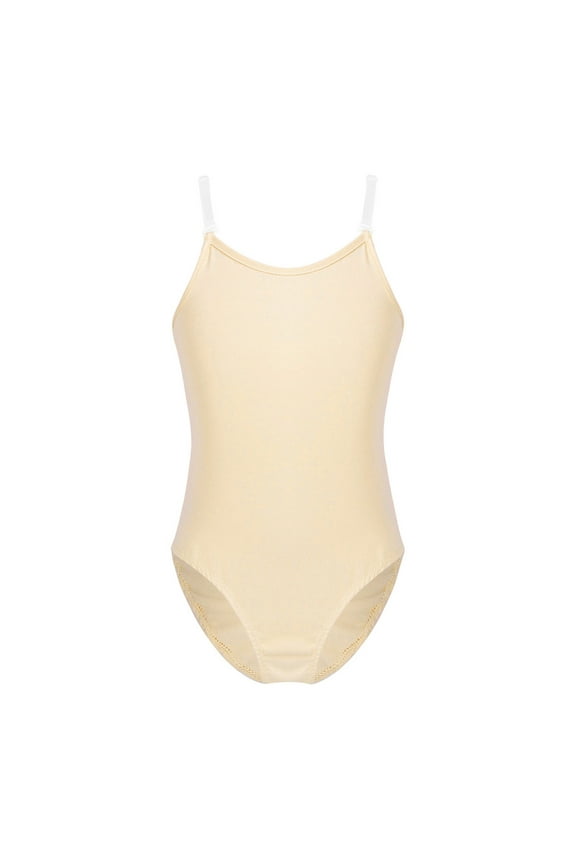 Girls Spaghetti Straps Dancewear Ballet Gymnastics One Piece Tank Leotard with Clear Straps Nude 7-8