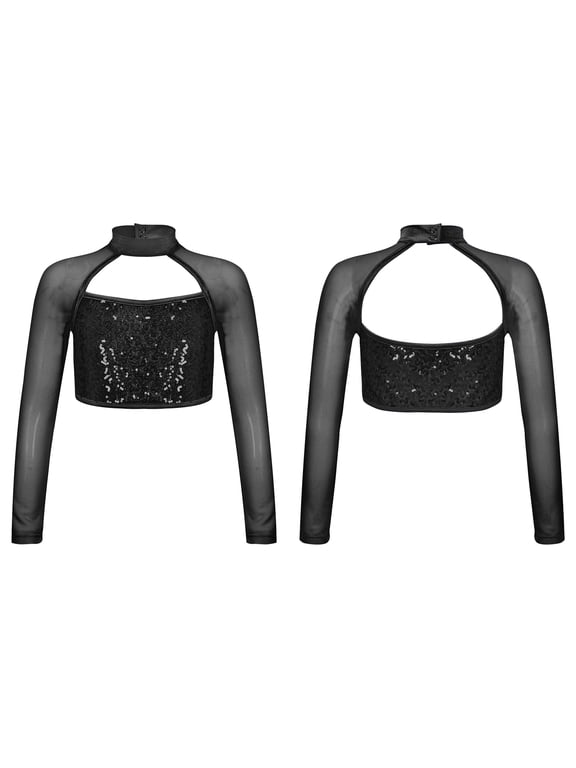 Girls Sparkle Sequins Mock Neck Mesh Long Sleeve Gymnastics Shirt Hip Hop Jazz Dance Crop Top Black 12