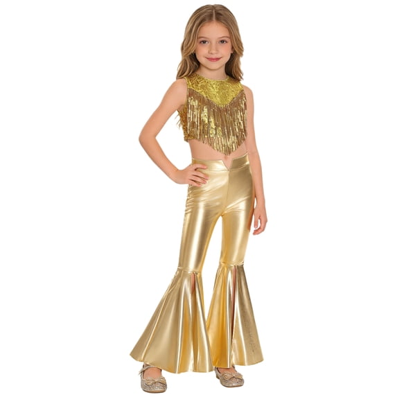 inlzdz Girls Sparkly 2 Piece 70s Disco Outfit Sequin Tassels Top with Split Bell-Bottom Pants Metallic Gloss Dance Set Gold 8