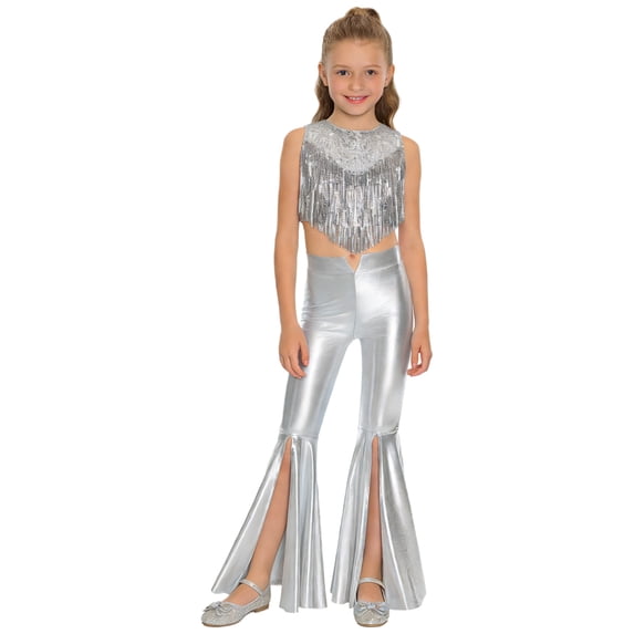 inlzdz Girls Sparkly 2 Piece 70s Disco Outfit Sequin Tassels Top with Split Bell-Bottom Pants Metallic Gloss Dance Set Silver 12