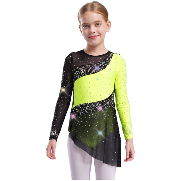 inlzdz Girls Sparkly Figure Skating Dress Mesh Long Sleeve Irregular Hem Ballet Leotard Lyrical Dancewear Fluorescent Yellow 16