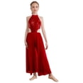 thumbnail image 1 of inlzdz Girls Sparkly Halter Sleeveless Backless Jumpsuit Shiny Jazz Latin Ballroom Dance Dress Burgundy 16, 1 of 7