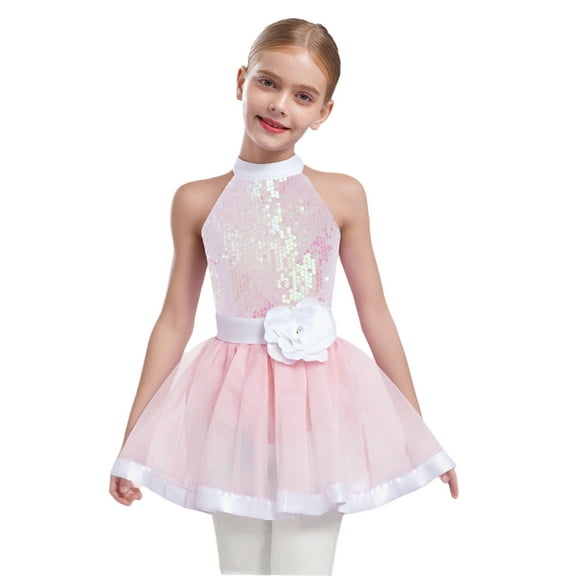 inlzdz Girls Sparkly Sequins Sleeveless Ballet Dance Dress Princess Party Ballerina Tutu Skirt Leotard Pink 6