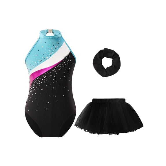inlzdz Girls Sparkly Sleeveless Gymnastics Leotard with Tutu Skirt Set Ballet Dance Bodysuit Costume Lake Blue 14