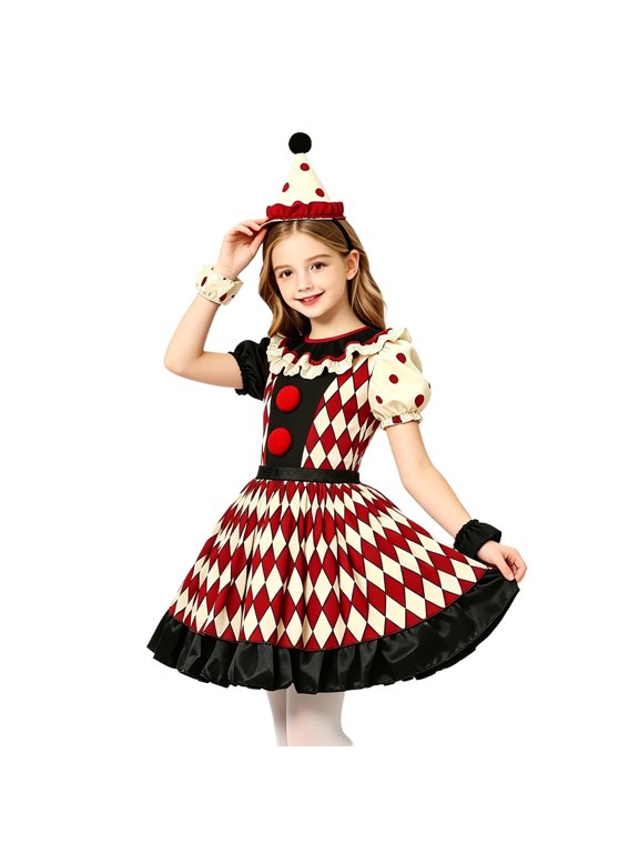 Girls Stage Dance Clown Patchwork Dress Public Event Red Black M