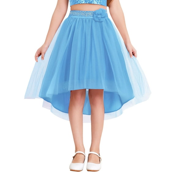 inlzdz Girls Tulle Tutu Skirts Shiny Rhinestone High-Low Skirt Party Prom Dance Performance Wear Blue 16