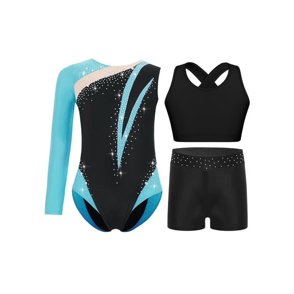 inlzdz Gymnastics Leotard for Girls Figure Skating Unitard Bodysuit with Cross Back Top and Shorts Set Blue Green 12