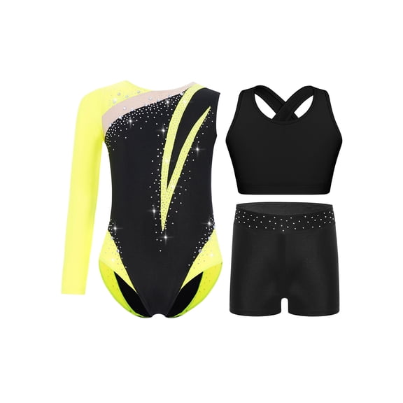 inlzdz Gymnastics Leotard for Girls Figure Skating Unitard Bodysuit with Cross Back Top and Shorts Set Fluorescent Yellow 6