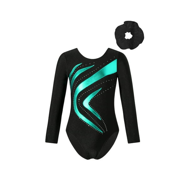 inlzdz Gymnastics Leotard for Girls Long Sleeve Shiny Rhinestone Ballet Dance Bodysuit Activewear Blue Green 8