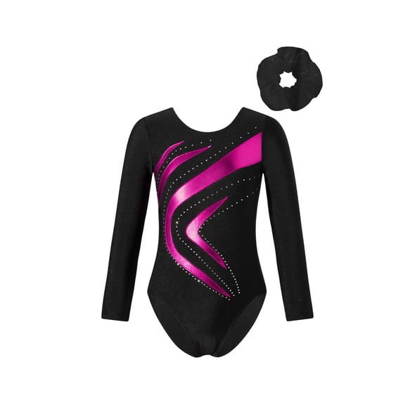 inlzdz Gymnastics Leotard for Girls Long Sleeve Shiny Rhinestone Ballet Dance Bodysuit Activewear Hot Pink 6