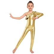 inlzdz Gymnastics Leotard for Girls Shiny Catsuit Full Body Unitard Sports Activewear Ballet Dance Jumpsuit Gold 16