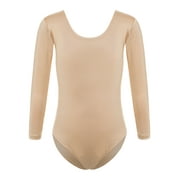 inlzdz Kid Girl Team Basic Gymnastics Ballet Dance Leotards Long Sleeves Nude Undergarment Dancewear Round Neck 7-8