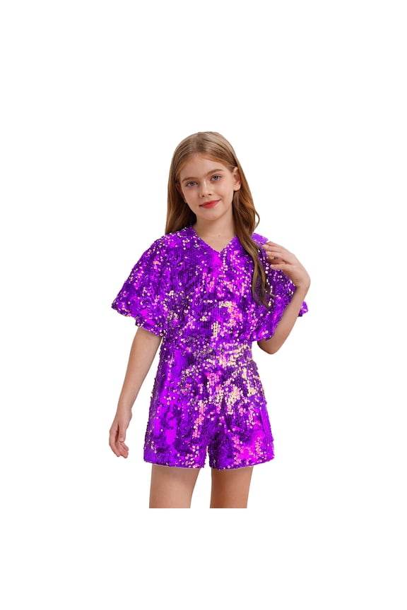 Kid Girls Glittered Sequin One Piece Jumpsuit Sheer Shiny Short Romper Formal Outfits Purple 12