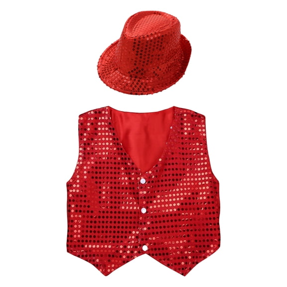 inlzdz Kids Boys Disco Hip Hop Jazz Dance Costumes Sequins Button Down Jacket Vest Top with Hat Set Red 9-10