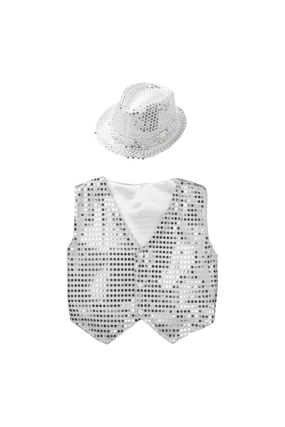 Kids Boys Disco Hip Hop Jazz Dance Costumes Sequins Button Down Jacket Vest Top with Hat Set White 7-8