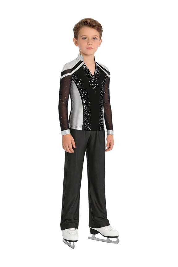 Kids Boys Figure Skating Training Competition Outfit Sparkly Shirt Top Pants Ice Skating Dance Clothes Set Silver+Black 6