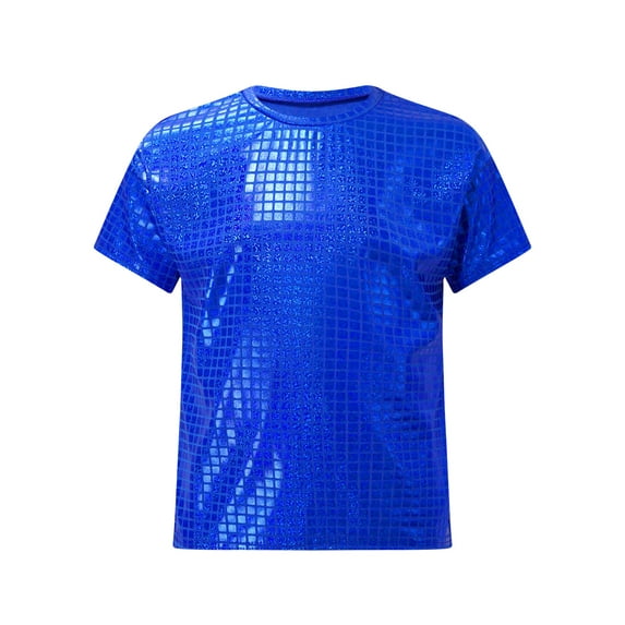 inlzdz Kids Boys Girls Metallic Shiny Dance T-Shirt Tops Short Sleeve Shirts Jazz Hip Hop Streetwear Blue 110