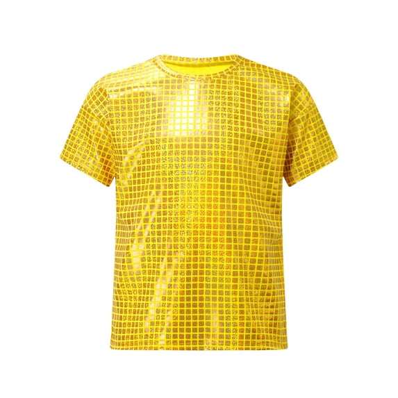 inlzdz Kids Boys Girls Metallic Shiny Dance T-Shirt Tops Short Sleeve Shirts Jazz Hip Hop Streetwear Gold 140