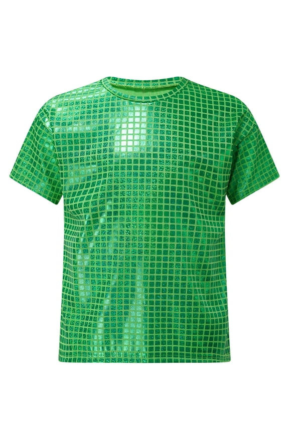 Kids Boys Girls Metallic Shiny Dance T-Shirt Tops Short Sleeve Shirts Jazz Hip Hop Streetwear Green 130