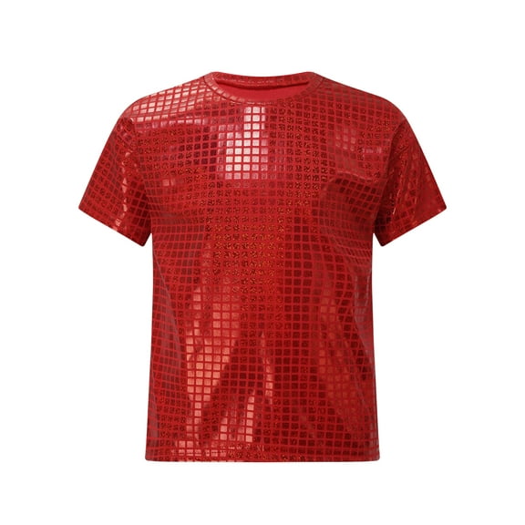 inlzdz Kids Boys Girls Metallic Shiny Dance T-Shirt Tops Short Sleeve Shirts Jazz Hip Hop Streetwear Red 120