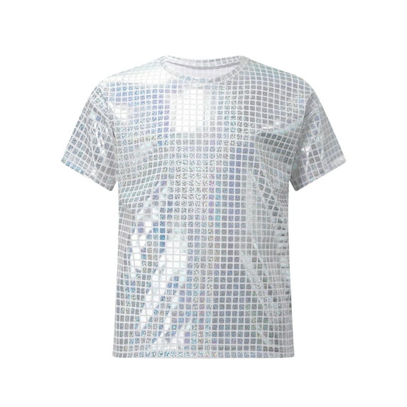 inlzdz Kids Boys Girls Metallic Shiny Dance T-Shirt Tops Short Sleeve Shirts Jazz Hip Hop Streetwear Silver 140