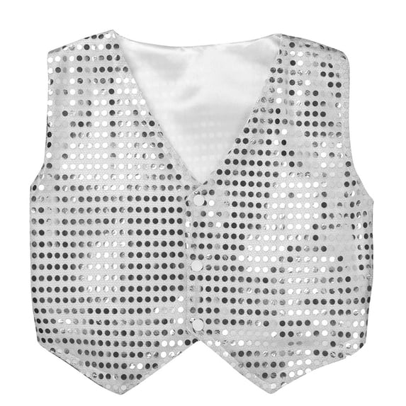 inlzdz Kids Boys Glittery Sequined Vest Waistcoat Hip-hop Choir Jazz Dance Stage Performance Coat Jacket Silver 14-15