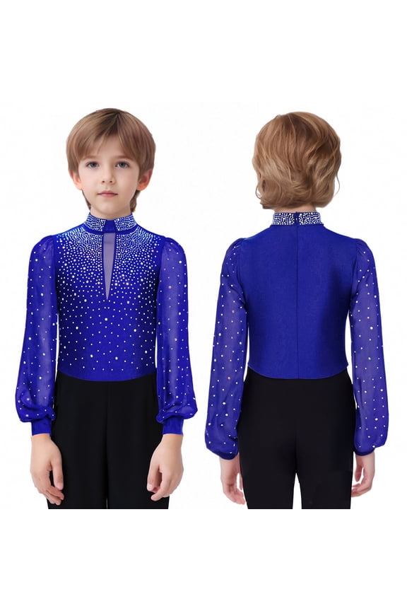 Kids Boys Latin Dance Bodysuit Ballroom Gymnastics Leotard One Piece Romper Shirts Skating Jumpsuit Royal Blue 10
