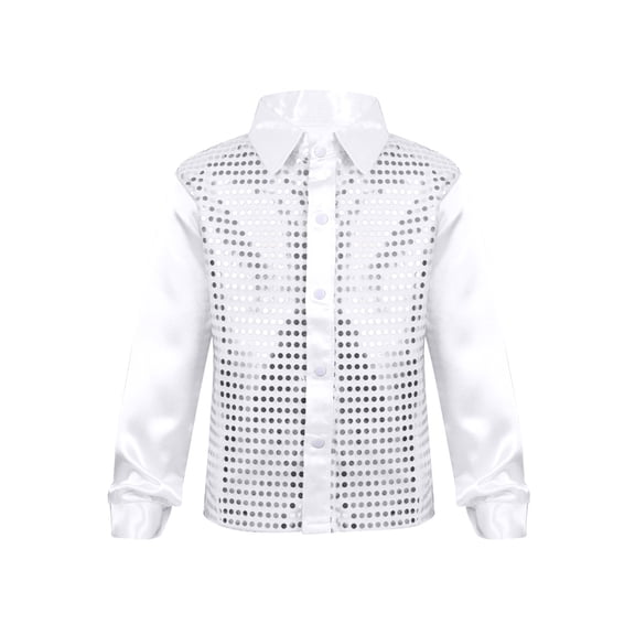 inlzdz Kids Boys Sequins Long Sleeve Button Down Dress Shirt 70s Disco Party Choir Jazz Dance Costume White 7-8