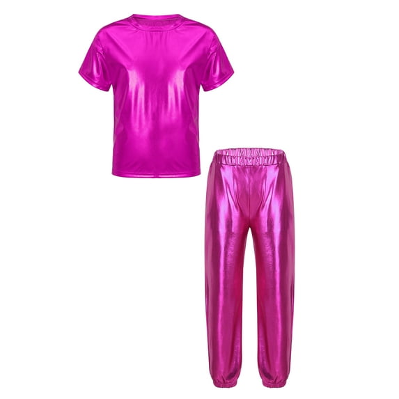 inlzdz Kids Dance Outfit Girls Boys Shiny Short Sleeve Tops with Trousers Set Modern Jazz Hip Hop Dance Comtumes Tracksuit Hot Pink 10