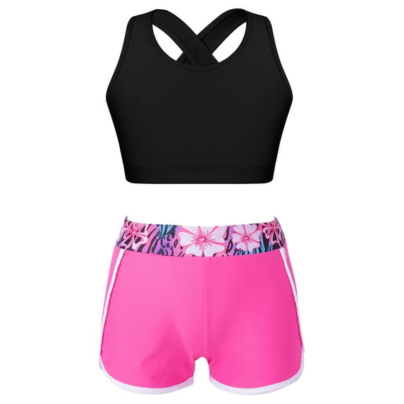 inlzdz Kids Girls 2 Piece Dance Sport Outfit Crop Top with Shorts Set for Gymnastics Dancing or Gardenia Rose 8