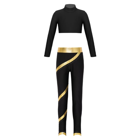 inlzdz Kids Girls 2 Piece Dance Sports Suit Long Sleeve Mock Neck Crop Top with Skating Pants Gold 6