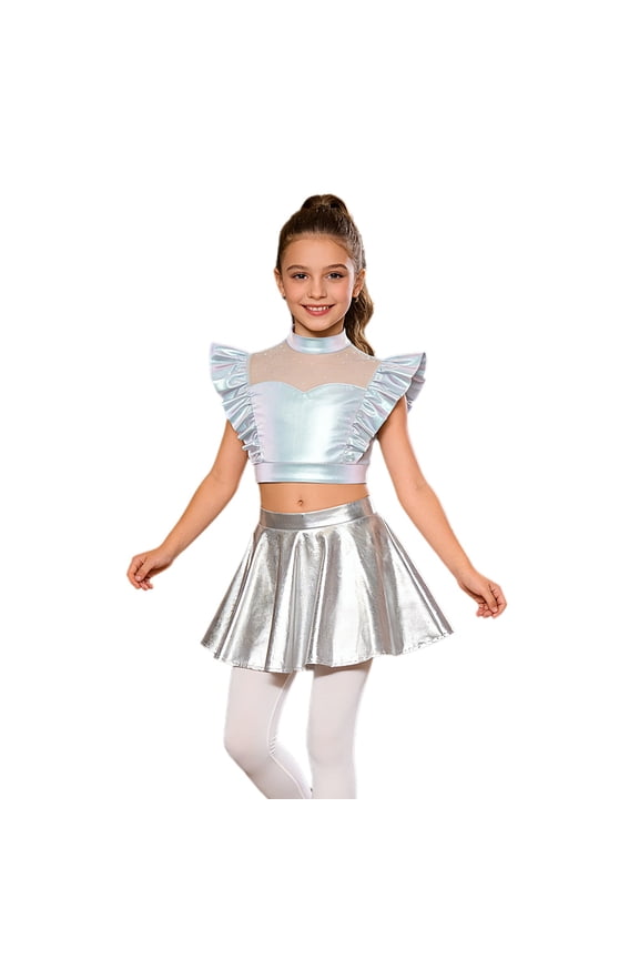 Kids Girls 2Pcs Modern Jazz Dance Suit Shiny Metallic Crop Top with Pleated Skirt Cheerleading Outfit Silver 6