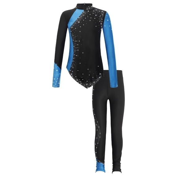 inlzdz Kids Girls 2Piece Shiny Long Sleeve Dance Gymnastics Leotard with Athletic Leggings Dancewear Blue 10
