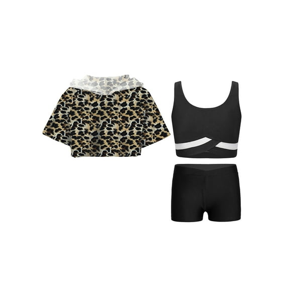 inlzdz Kids Girls 3pcs Dance Gymnastic Outfit Short Hoodie Hooded with Tank Top Active Shorts Set Black 10